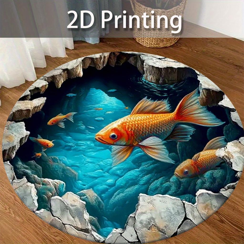 1pc 3D Goldfish Swimming Pattern Round Rug, Non-slip Floor Mat for Living Room, Bedroom, Bathroom, Holiday Home Decoration