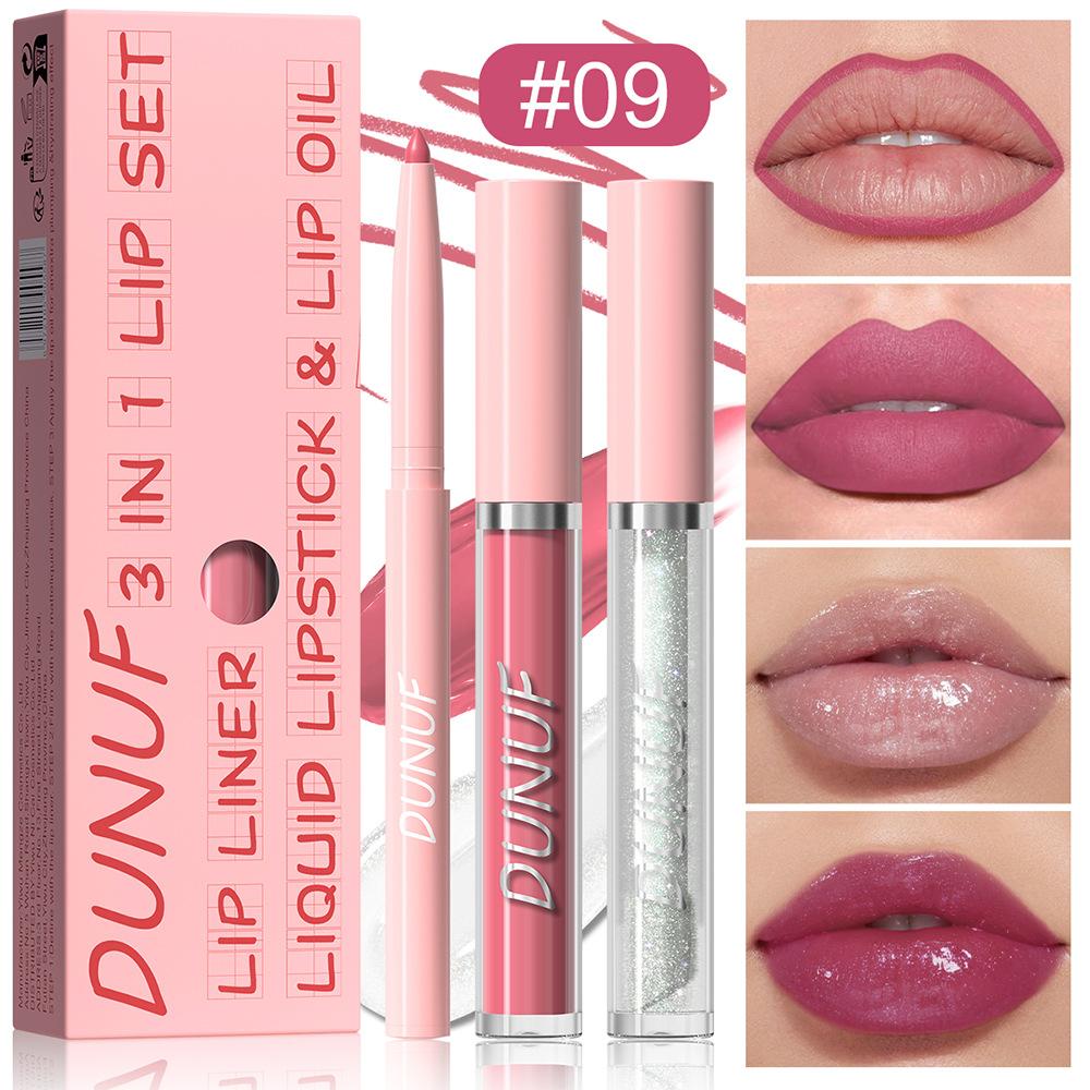 3Pc Velvet Matte Lipstick Pen Nude Brown Lip Liner Pencil Kit Rose Red Matte Lipliner+Lip Gloss+Lip Oil Set Waterproof Lips Tint