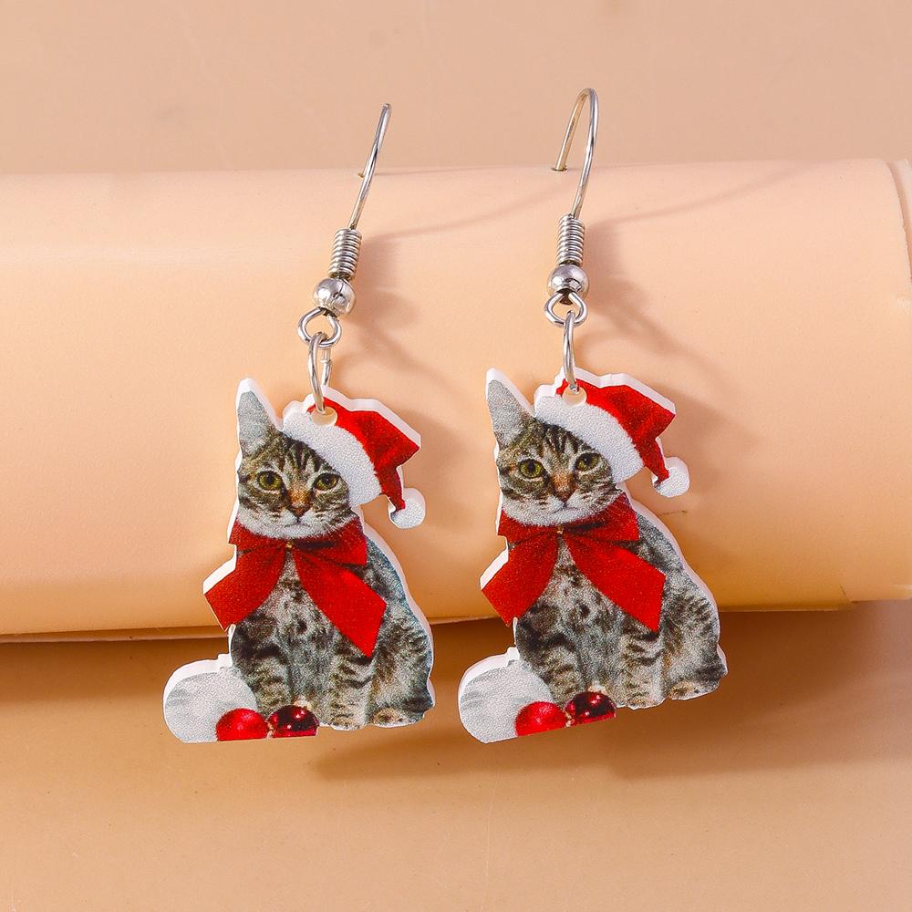 Cute Christmas Cat Drop Earrings for Women Girls Cartoon Animal Earrings Party Holiday Jewelry Gifts