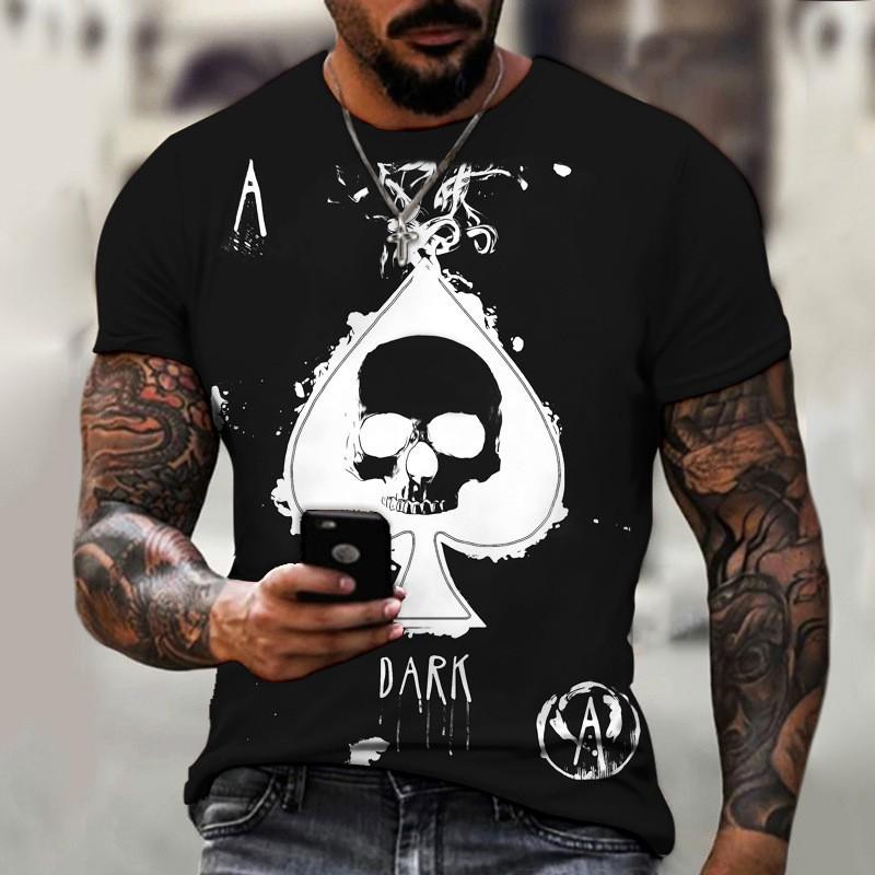 Mens Loose Fit Crew Neck Short Sleeve T-Shirt With 3D Poker Print Digital Lightweight Casual Streetwear