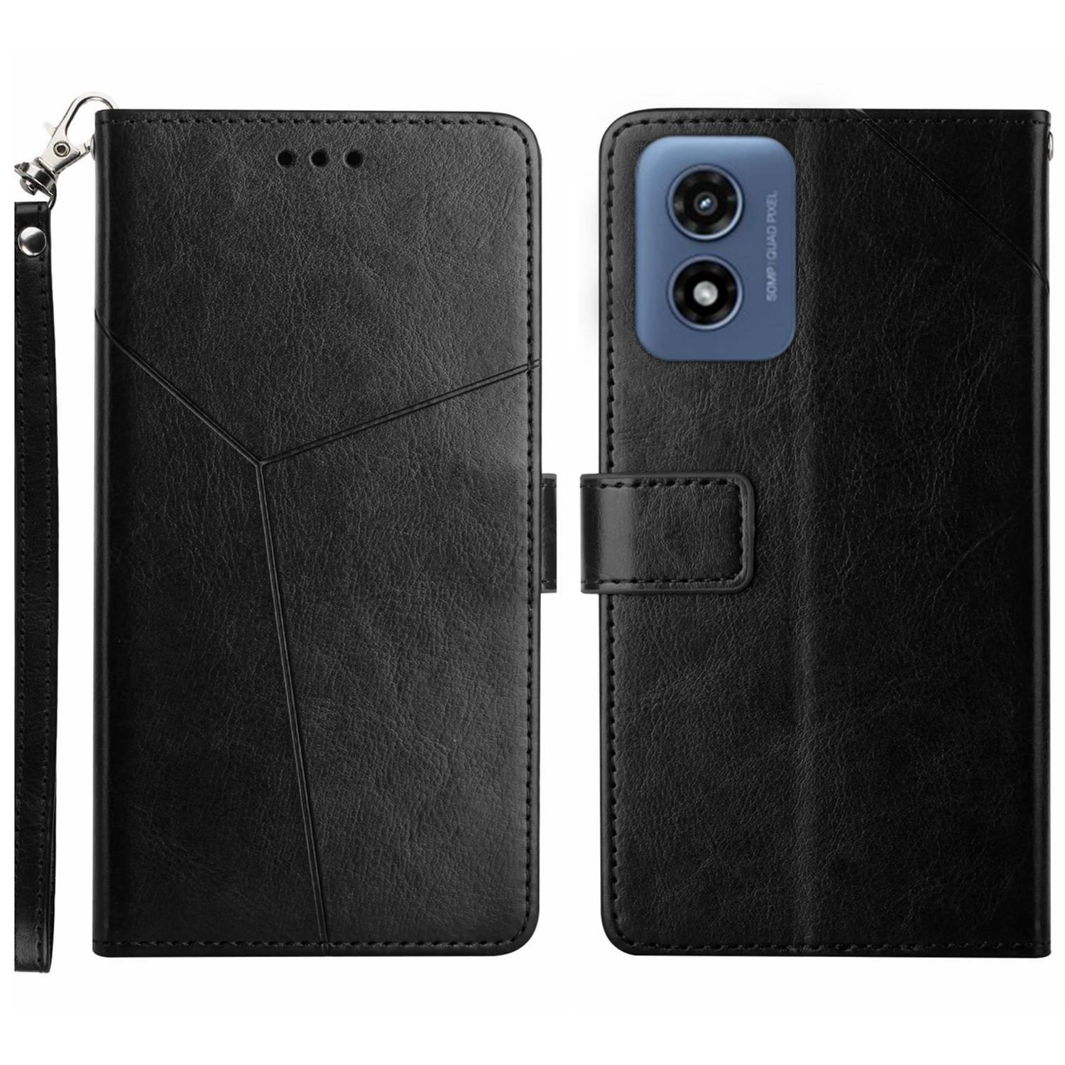 

For Motorola Moto E14 4G/G04 4G/G04s 4G/G24 4G Case with Wrist Strap Y Shaped Lines Imprint Leather Phone Cover Black