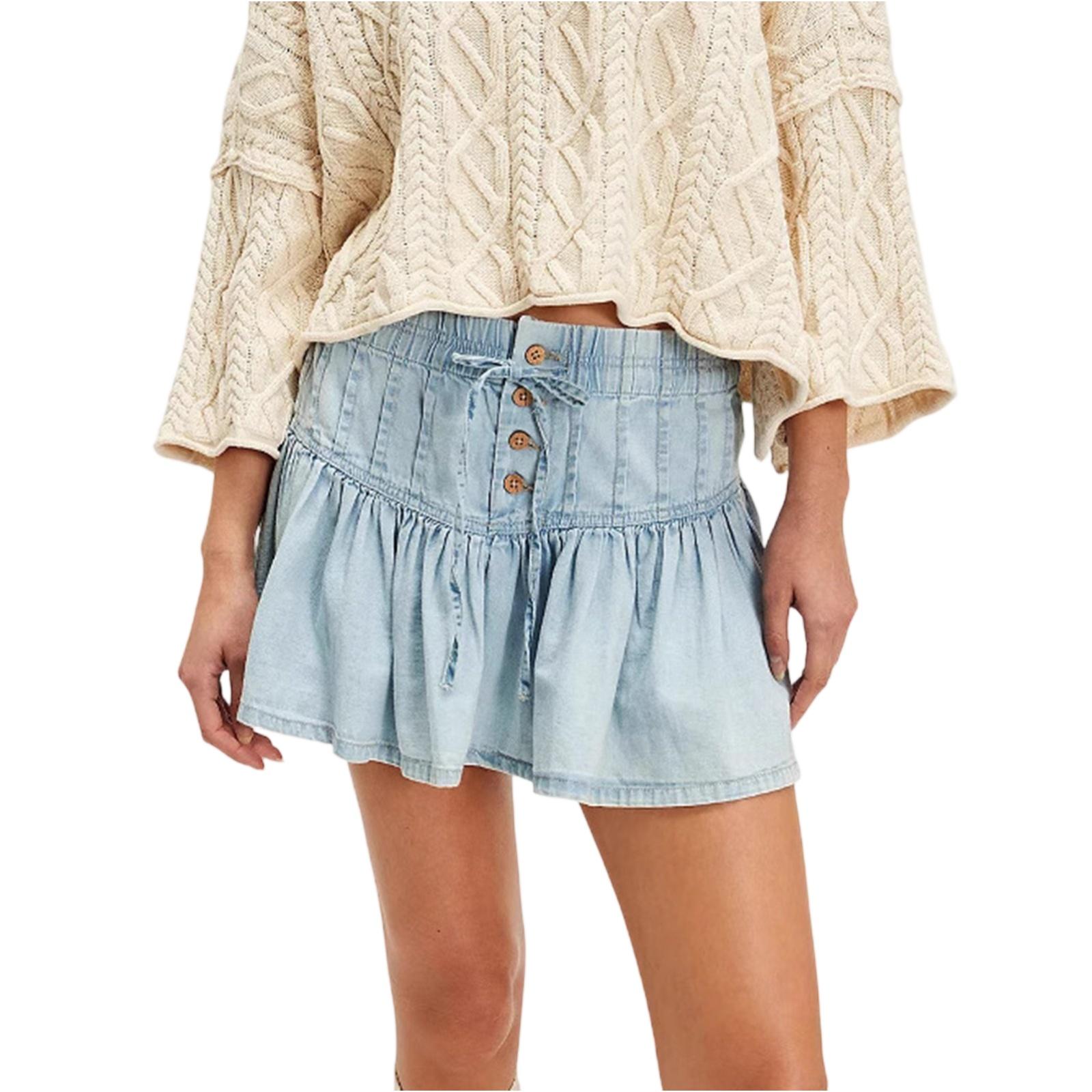 Women s Denim Mini Skirt with Button , Elastic Waistband, and Ruffle Hem Casual Summer Jean Skirt for Everyday Wear S