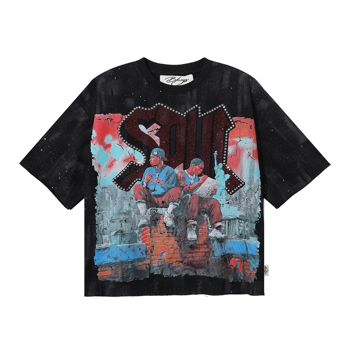 2026 Summer Men s Oversize T-Shirt, NYC Hip Hop Boys Print Old Street Short Sleeve Tee With Rhinestone SOUL Letter S