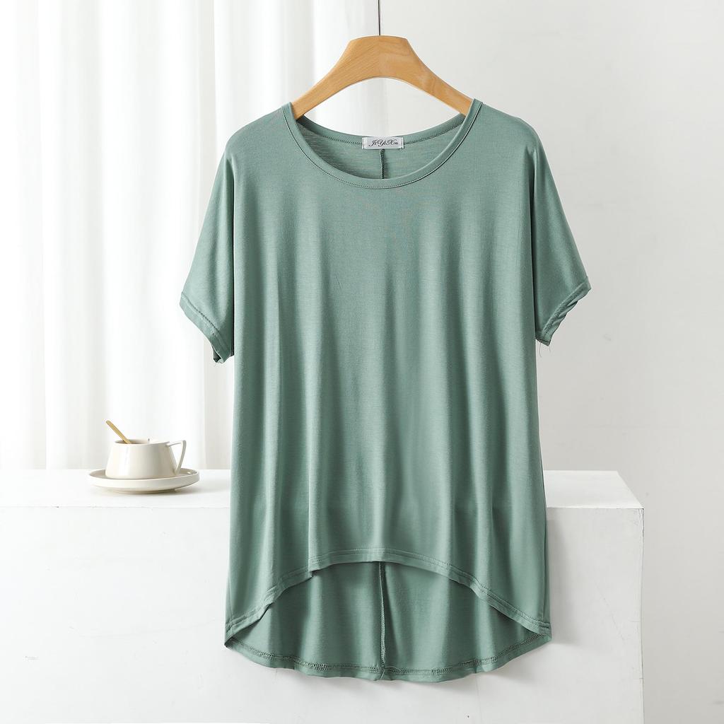 Sommar Lös Passform Modal T-shirt: Kort fram, lång bak, Plusstorlek Fladdermusärm