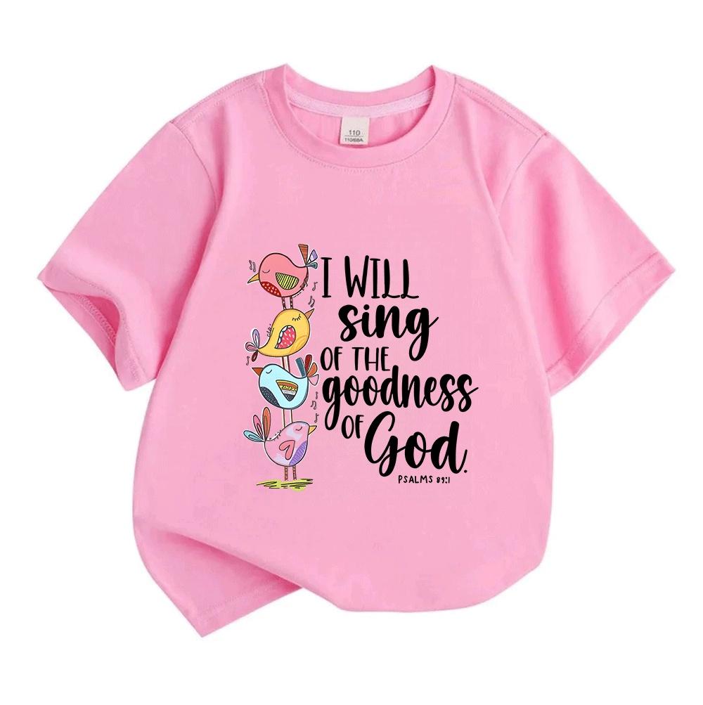 Kids Boys Girls 100% Cotton Crew Neck Short Sleeve T-Shirt, I Will Sing of The Goodness God Psalm 101 Cute Stacked Birds Print Casual Summer Tee Tops