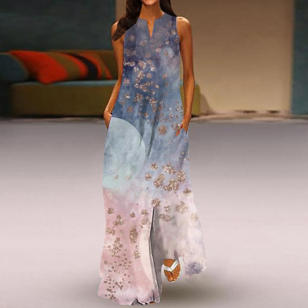 Kadın Yeni Bahar Ve Yaz Modası Klasik V Yaka Renkli Baskı Kolsuz Uzun Elbise