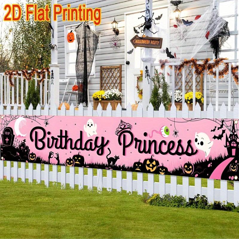 Halloween Birthday Princess Banner, Jack-O'-Lanterns Bats & Haunted House Design, Polyester Outdoor Indoor Garden Porch Fence Decoration
