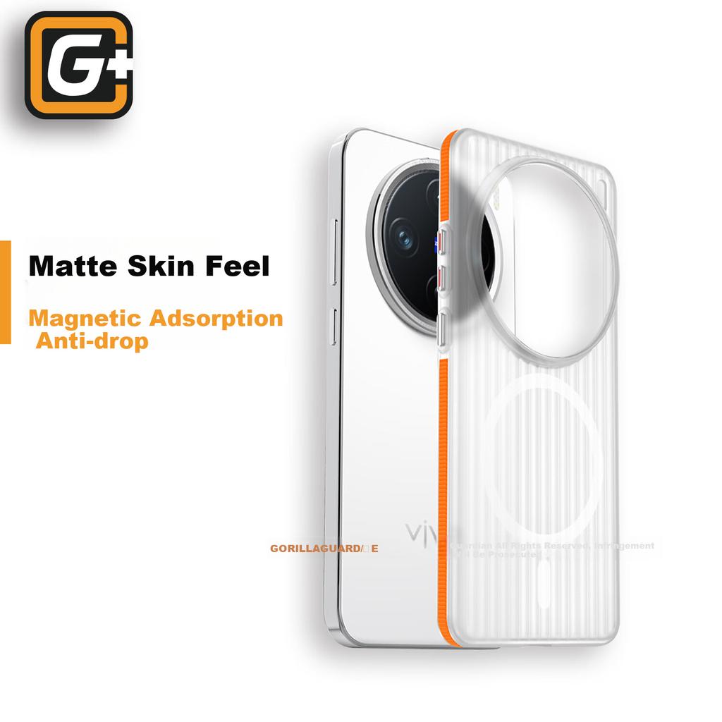 Premium Anti-Fingerprint Magnetic Corrugated Phone Case for Vivo X200 Pro Mini, Ultra-Thin Luggage Strip Striped Frosted Transparent, Simple Orange