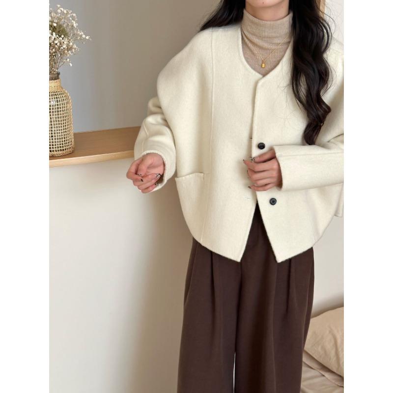 Herbst und Winter Einfarbig Kurz Einreihig Beidseitiger Wollwollmantel für Damen Petite Lässiger Wollmantel