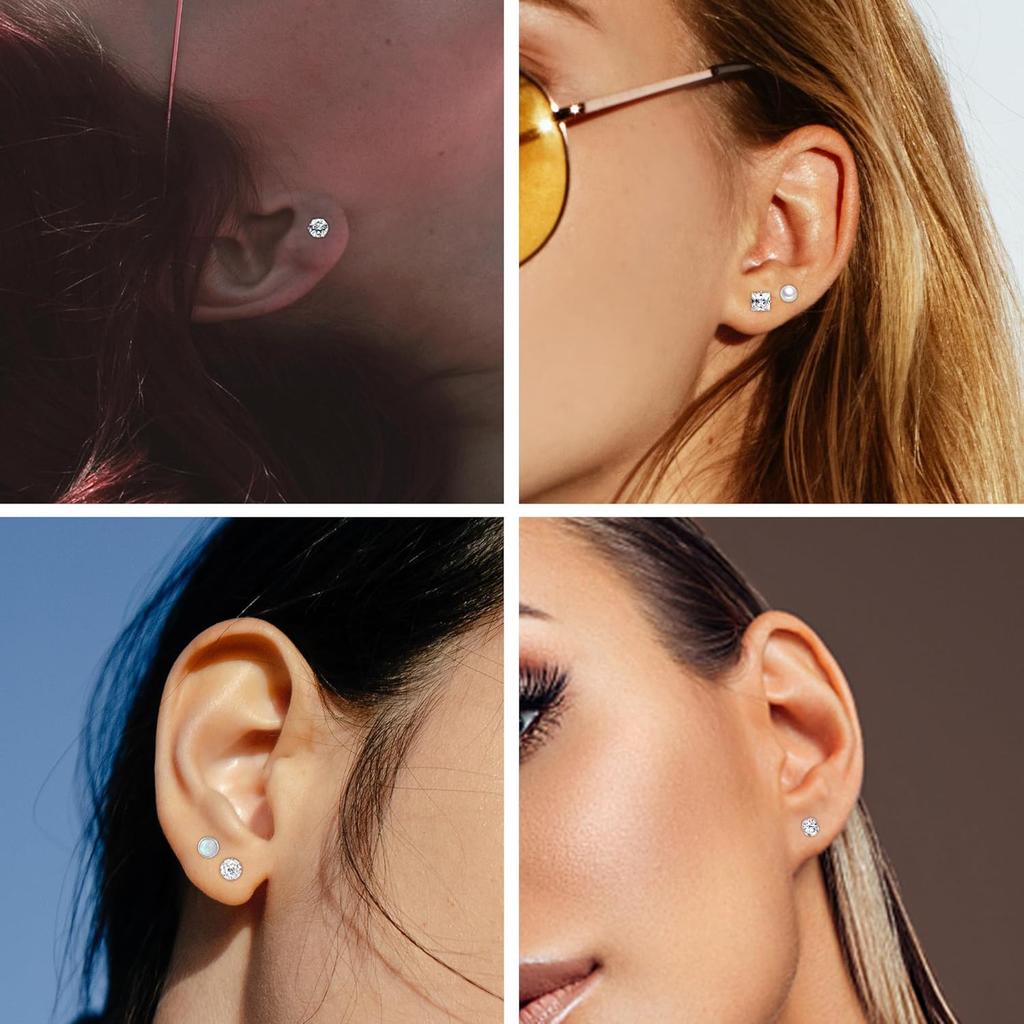 8 Pairs Flat Back Stud Earrings Sets for Multiple Piercing Small Silver Flat Back Surgical Steel Tiny Ball Pearl Cubic Zirconia