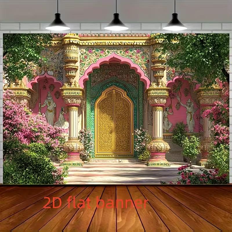 2D Ramadan Kareem Polyester Hintergrund, Blau Gold Moschee & Halbmond Hintergrund für Eid Dekoration