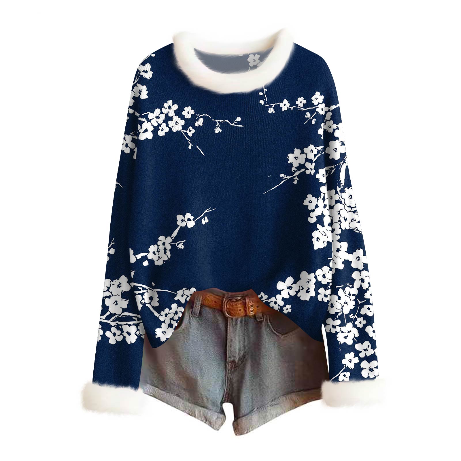 

Женский модный свитер с принтом и шерстяным воротником, повседневный вязаный пуловер с длинными рукавами XXL тёмно-синий