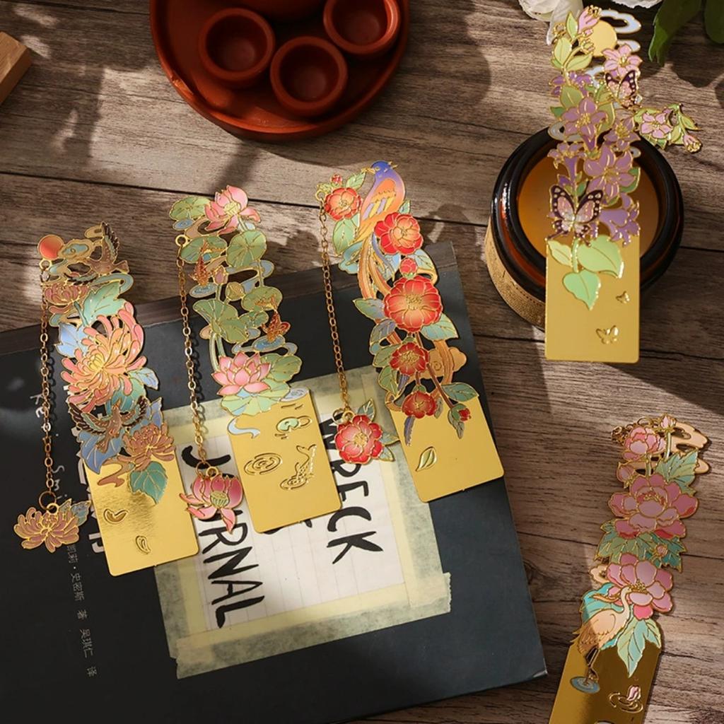 12 Monthly Climate Flowers Bookmark Exquisite Artistic Metal Bookmarks with Long Chain Tassel Students Book Clip Reading Tool