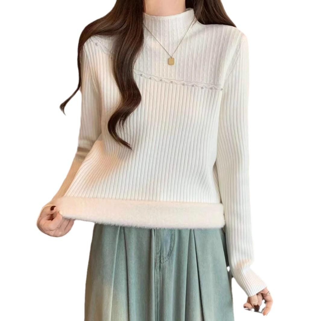 

Женский свитер с полувысоким воротником и плюшевой подкладкой для осени и зимы. Плюшевый свитер-пуловер S белый