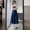 Women's High-Waisted Denim A-Line Midi Skirt, Slimming Fit, Petite to Plus-Size, Perfect for Spring and Summer.