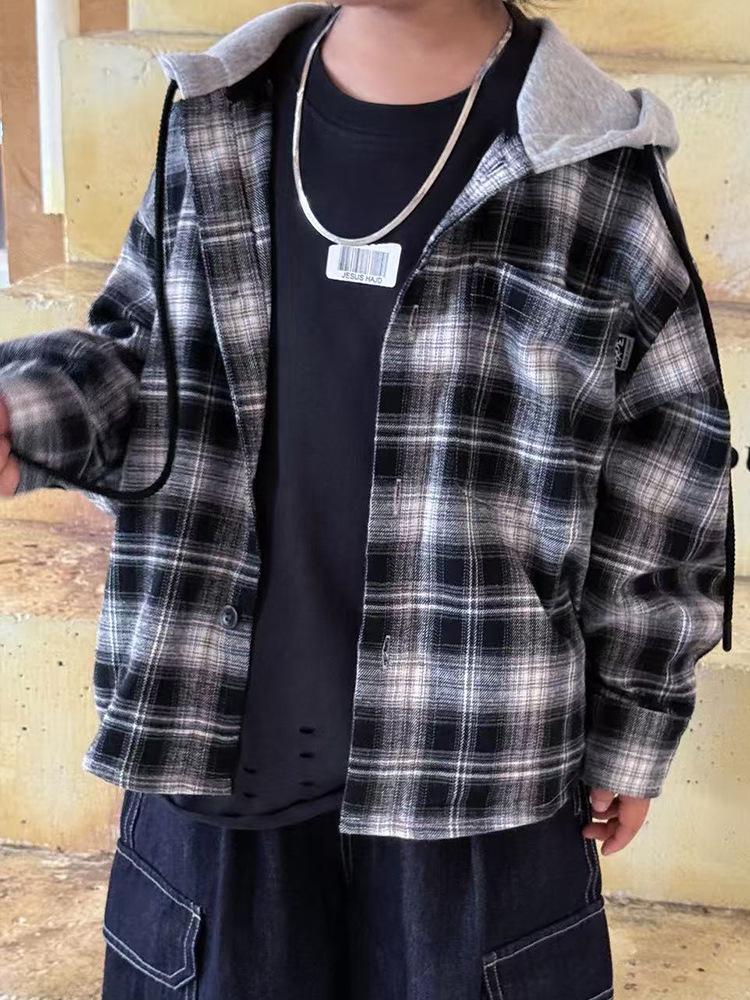 Boy s Spring & Autumn Plaid Hooded Long-Sleeve Shirt Jacket 90 (Height 85-94cm)