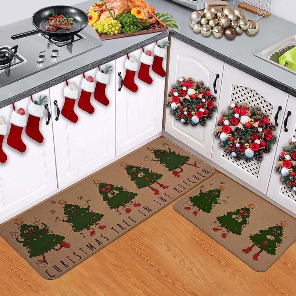 2pcs Christmas Dirt-resistant Floor Mat Household Kitchen Water and Oil Absorption Two-piece Set Foot Mat Entrance Door Mat