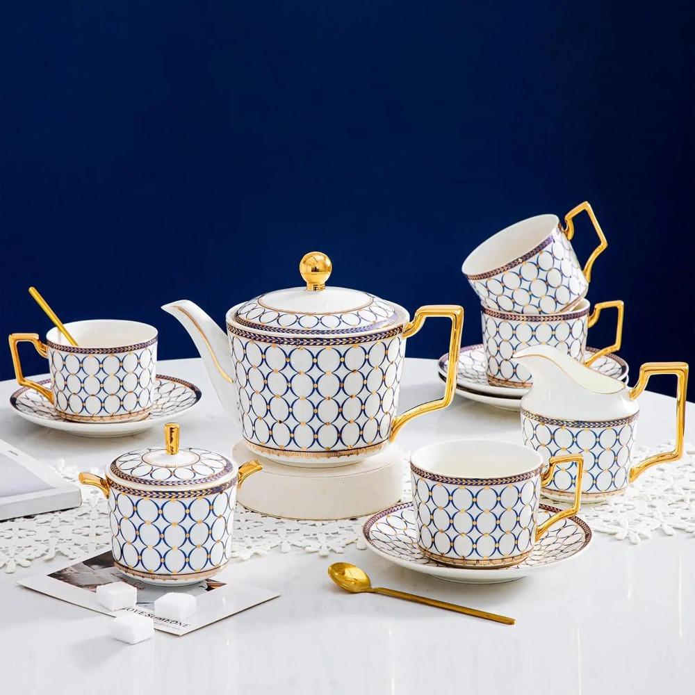Cup Sets,15-Piece Porcelain Tea Cup and Saucer Set Service for 4Teapot,Sugar Bowl,Creamer Pitcher and Spoons, Tea Gifts Sets
