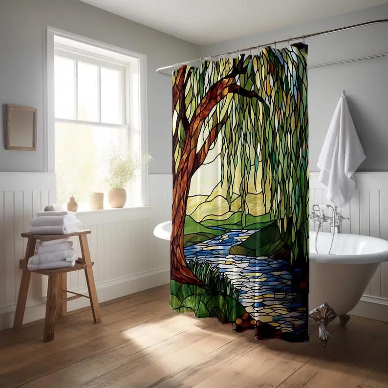 Willow Tree Shower Curtain – Stained Glass River Landscape Art, Waterproof Fabric Bathroom Decor In Green, Brown & Blue