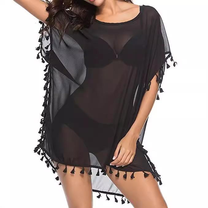 Women's Round-neck Loose Small Broom Fringed Chiffon Dress Beach Coverall Large Size Sexy in Stock