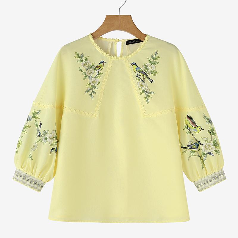 ZANZEA Women Lace Splice Round Neck 3/4 Sleeve Loose Print Blouse S
