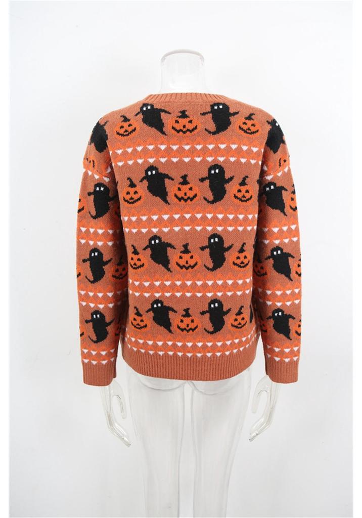 European & American Women's Halloween Ghost Pumpkin Knit Pullover Top