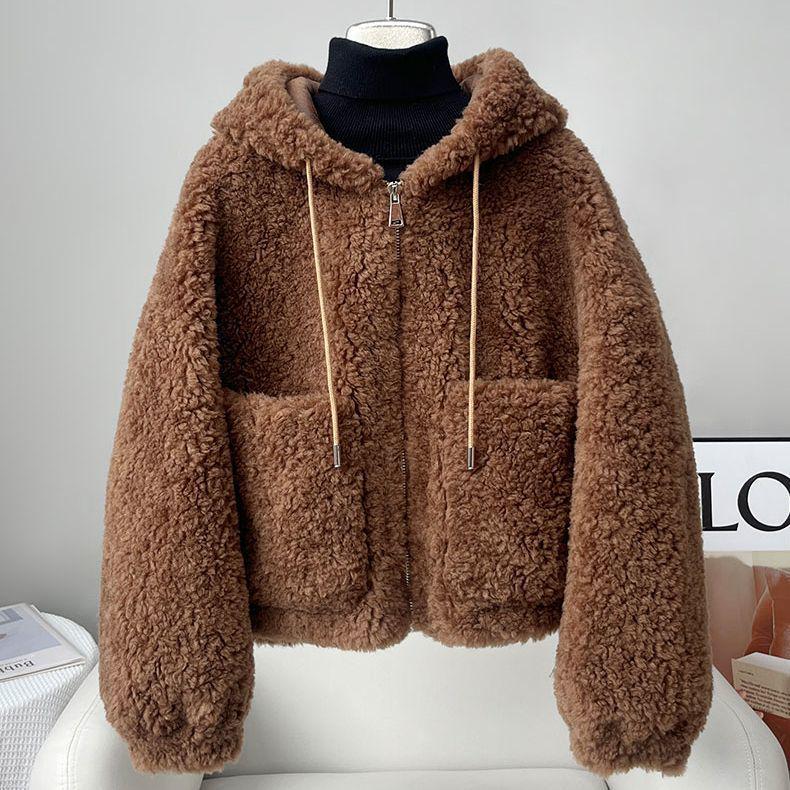 Women's Short Hooded Faux Lamb Wool Coat - Double-Sided Plush Thickened for Autumn & Winter 2025.