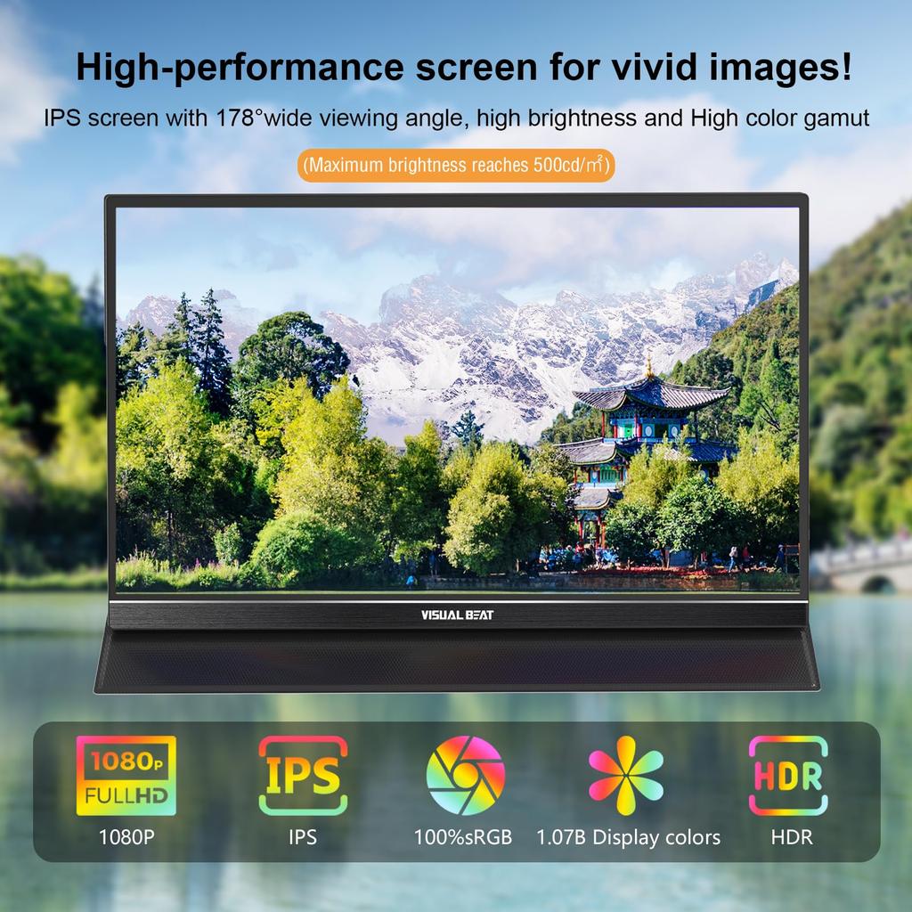 Visual Beat Mobile FHD Portable IPS LCD Standard USB Smart Dual Compatible with Monitor, Touchscreen, 15.6-inch 1080p, USB-C Monitor, Panel, HDMI,