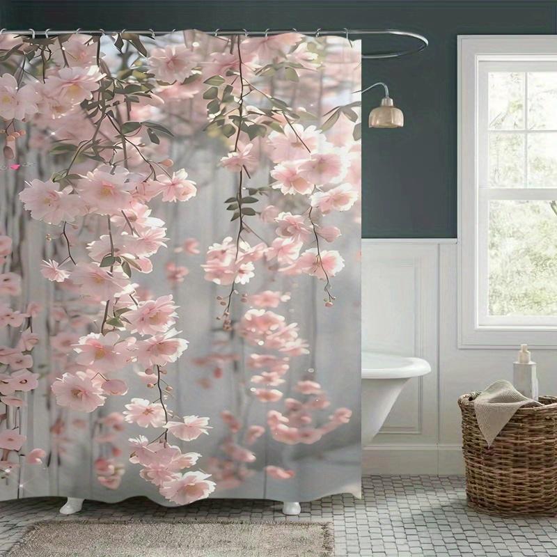 Pink Cherry Blossom Shower Curtain Hanging Flowers Spring Art Elegant Bathroom Decor Waterproof Printed Bath Curtain Home