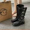 Fashion Brown Black Knee High Boots for Women 2025 Autumn Winter Leather Western Cowboy Long Knight Boots Buckle Straps Mid-Calf Botas