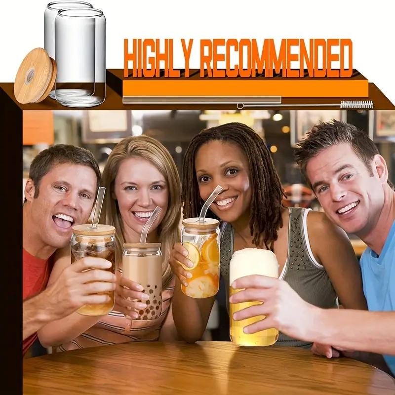 Reusable Glasses with Bamboo Lids and Glass Straw Beer Can Shaped Drinking Glasses Iced Coffee 2 Cleaning Brushes 17oz 4Pc Set