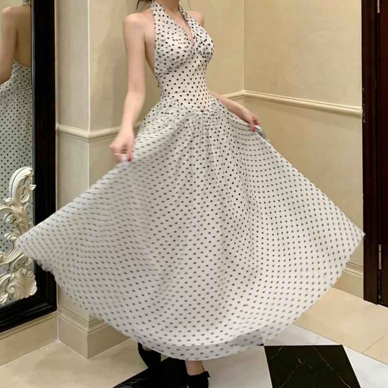 2026 New Summer Large Size French V-Neck Polka Dot Neck Dress Women's Halter Temperament Waist Holiday Dress