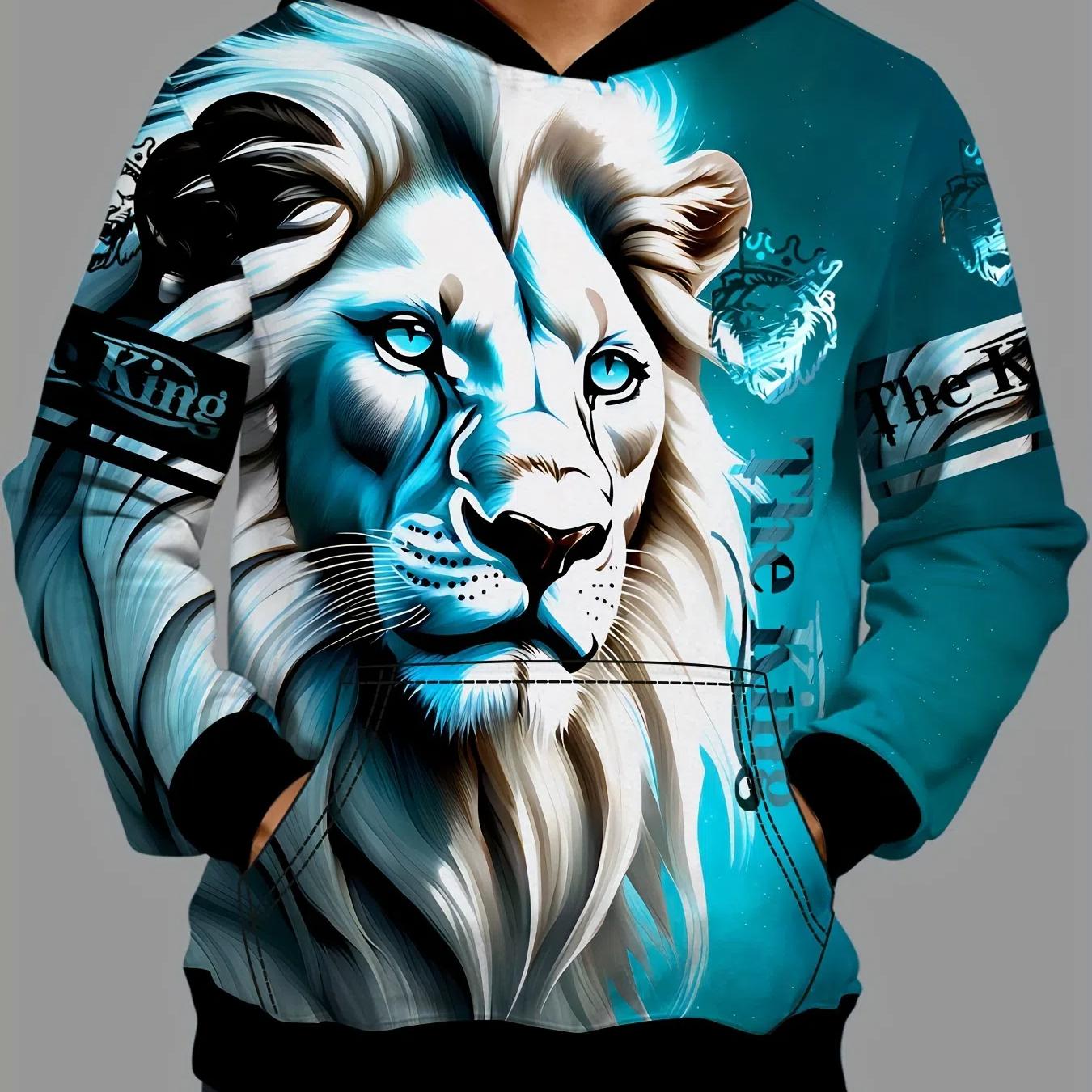 

Мужская повседневная толстовка с капюшоном с 3D-принтом «Лев»: Модный всесезонный комфорт с карманом-кенгуру, прочная эластичная ткань 4XL