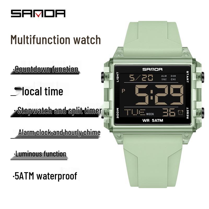 Sanda Waterproof Luminous Sports Watch: Square, Transparent Timer for Students