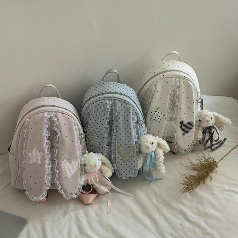Creative Cute Bunny Ear Backpack Fashion Polka Dot Lace Decor Japanese Lolita Girl Preppy Backpack Lightweight Nylon Handbag