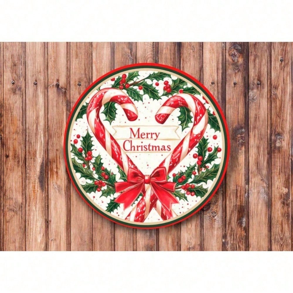 

Christmas Candy Cane Heart Wreath Metal Sign, Retro Holiday Wall Art, Funny Vintage Tin Poster for Home Kitchen Decor 20x20 разноцветный