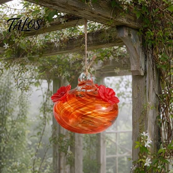 Talos Blown Glass Hummingbird Feeder, Outdoor Hanging Colorful Nectar Feeder with Two Flower Feeding Ports for Garden Backyard Decor