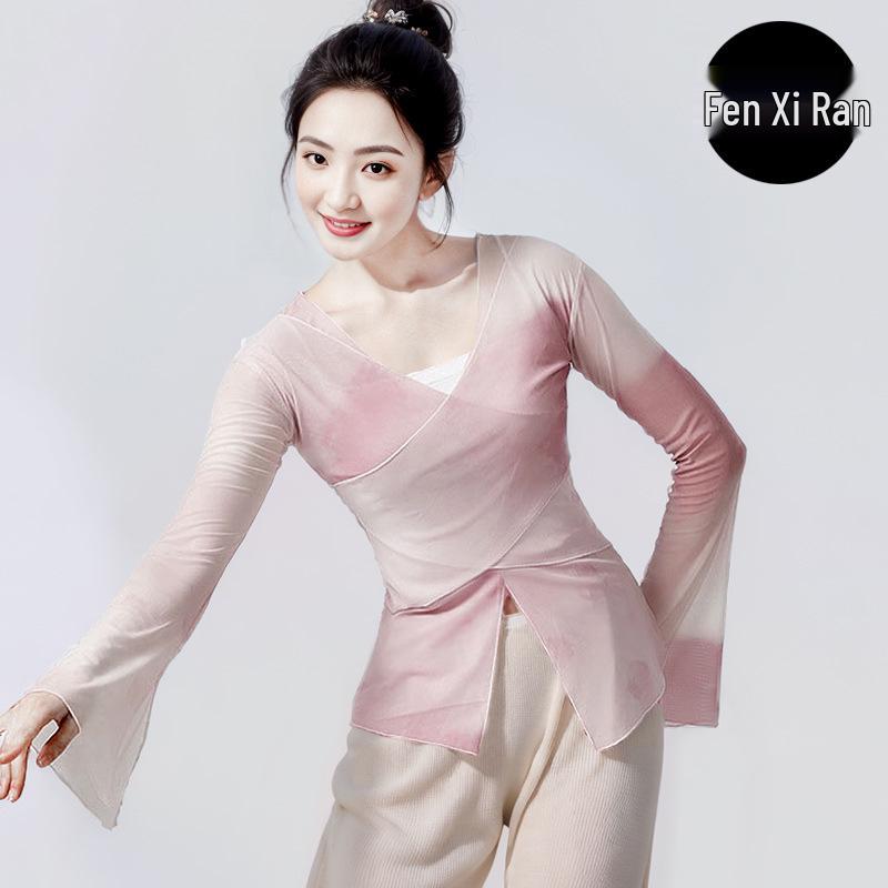 Women's Gradient Ethnic Dance Costume - Long Sleeve Gauze for Classical Chinese Dance Practice and Art Exams.
