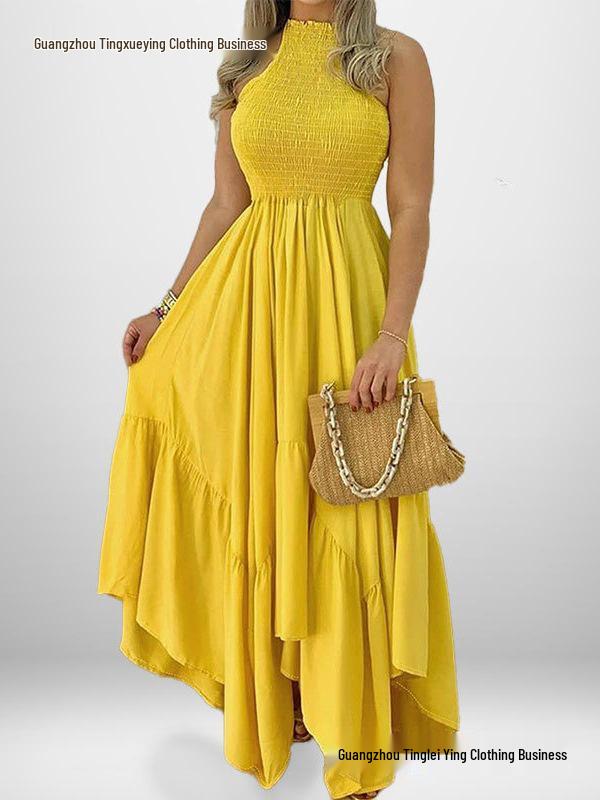 2026 Women's European & American Spring Dress - High Waist, Short Sleeve, Printed Long Design