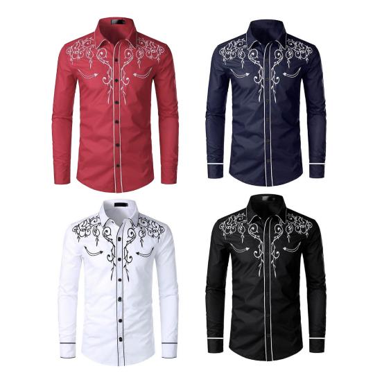Men Western Cowboy Shirt Lapel Collar Single-breasted Long Sleeve Embroidery Slim Fit