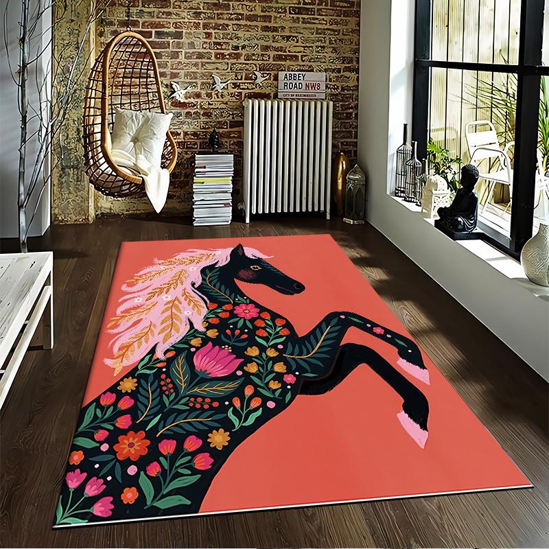 Floral Horse Design Carpet with Pink Mane on Coral Background Suitable for use as an anti-slip for living room bedroom sofas