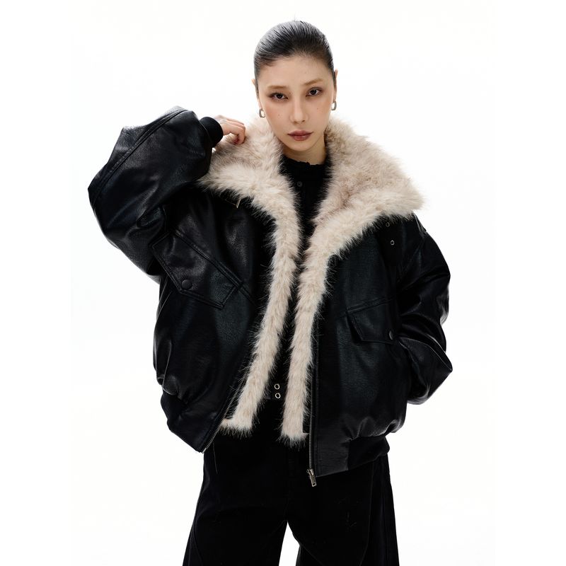 Kisko Winter American-Style Thickened Stand-Collar Leather Jacket Cotton Coat for Men and Women, High-End, Warm, Loose-Fitting Trendy Outerwear