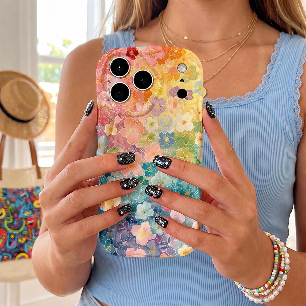 Rainbow Gradient Full Floral Wavy Edge Phone Case For iPhone 17 16 15 14 13 12 11 Pro Max Mini XR XS SE Air Cover