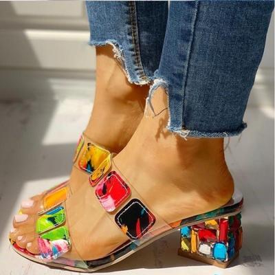 New Rhinestone Thick Heel Color One-word Cool Slippers Color Matching Medium Heel European and American Style Large Size