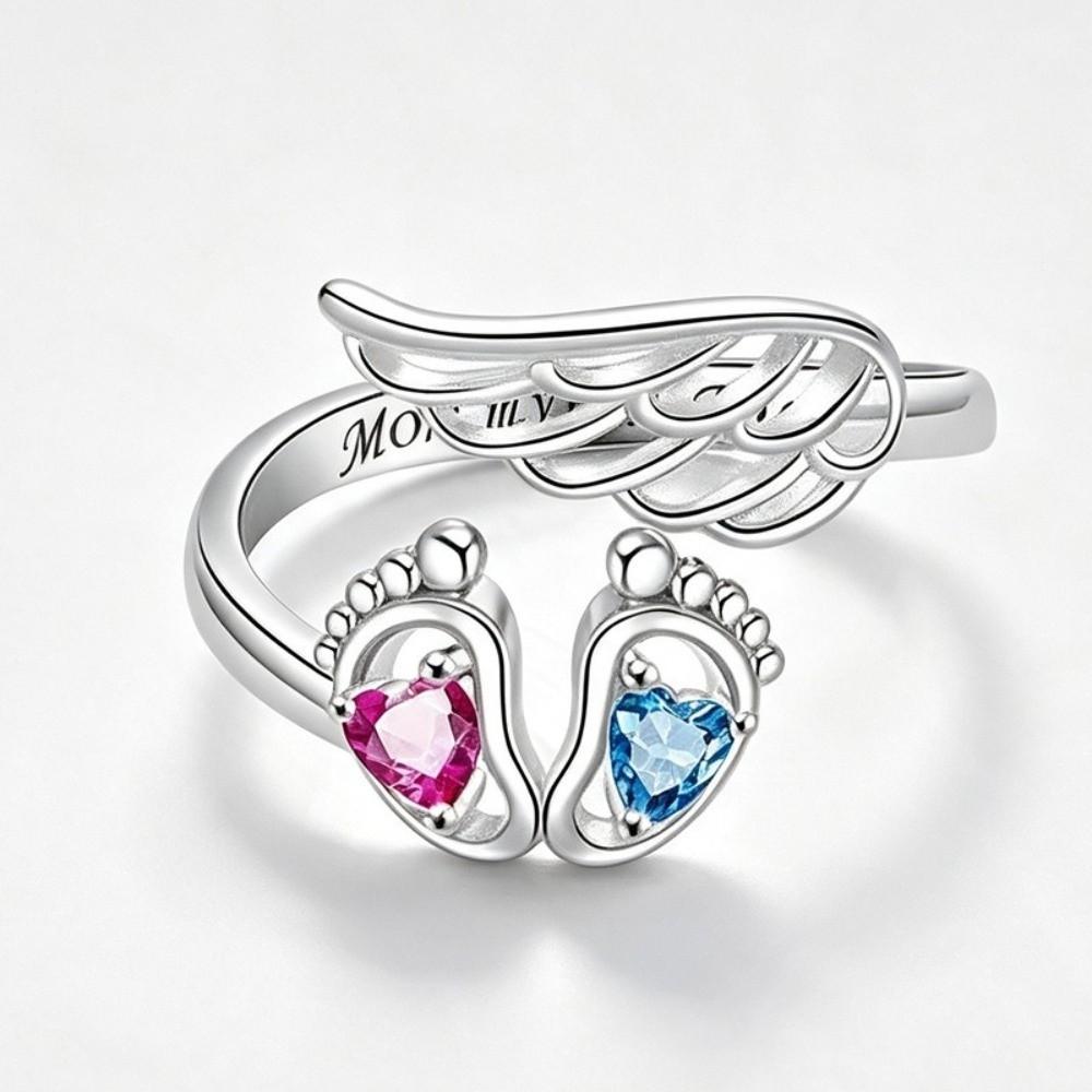 Rhinestone Embellished Angel Footprint Wing Ring Open Adjustable Ring  Birthday Anniversary Gift