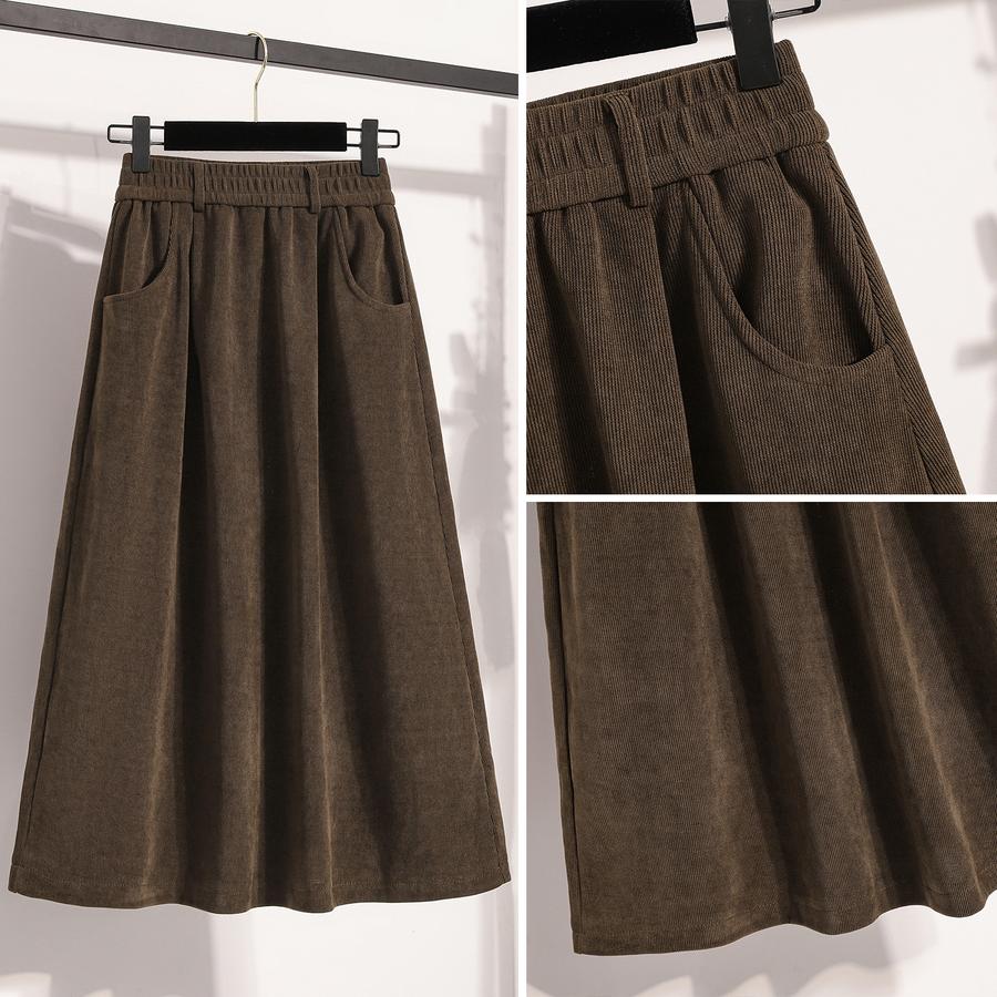 Autumn New Style Corduroy Midi A-Line Skirt for Women, High-Waisted, Slimming, Elastic Waist, Pleated Dress