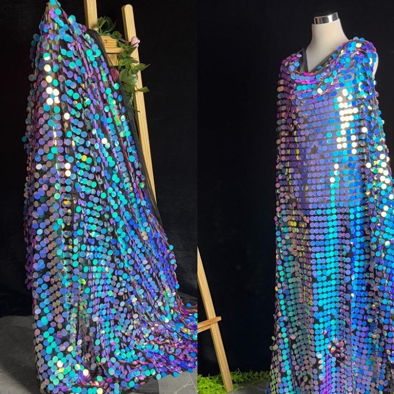 Sequins Straight Embroidery Fashion Dress Fabric 18mm Iridescent Blue Sequin Background Fabric Bead Embroidered Flower Cloth