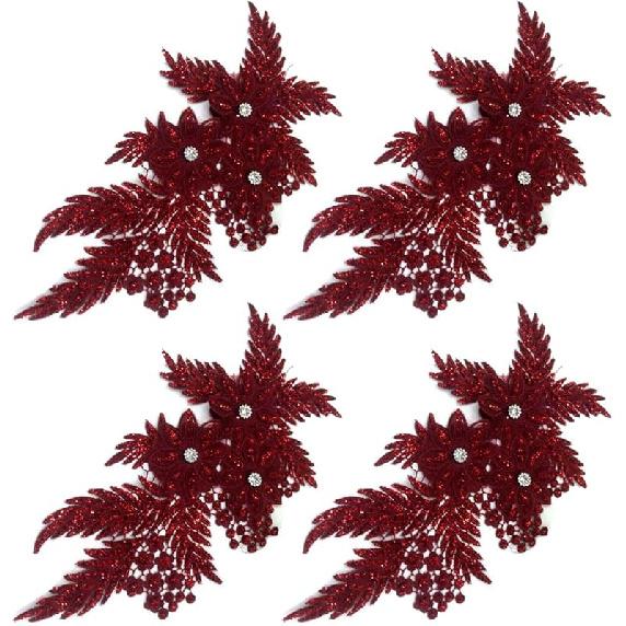 4er-Pack 3D-Blumen-Pailletten-Applikation mit Strass-Glitzer-Perlen-Stickerei, Stoff-Spitzenbesatz für Hochzeit, Brautkleid, Kleid, Tasche, Kissen