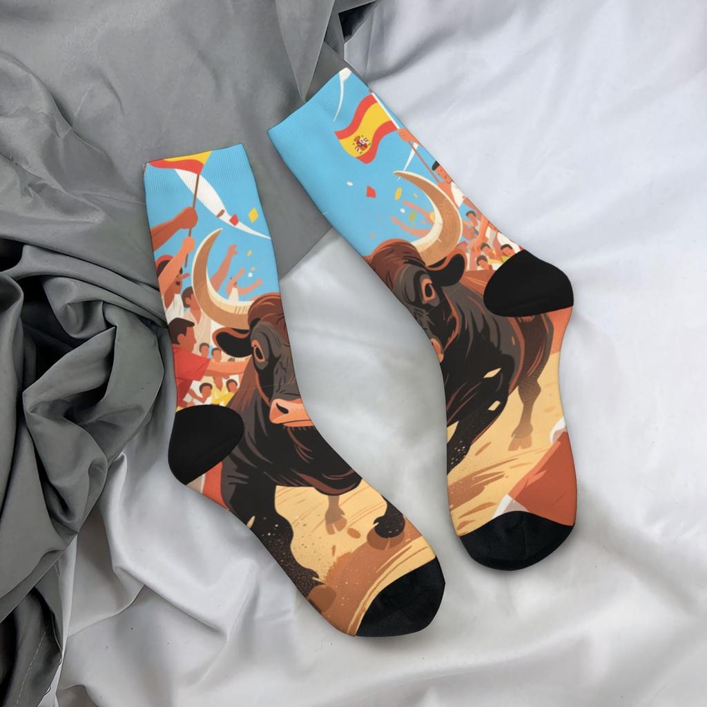 Spanish Cartoon Bull-running Festival Print Unisex Soft Skin-friendly Breathable Harajuku Style Daily Socks Hip-hop Novelty Gift