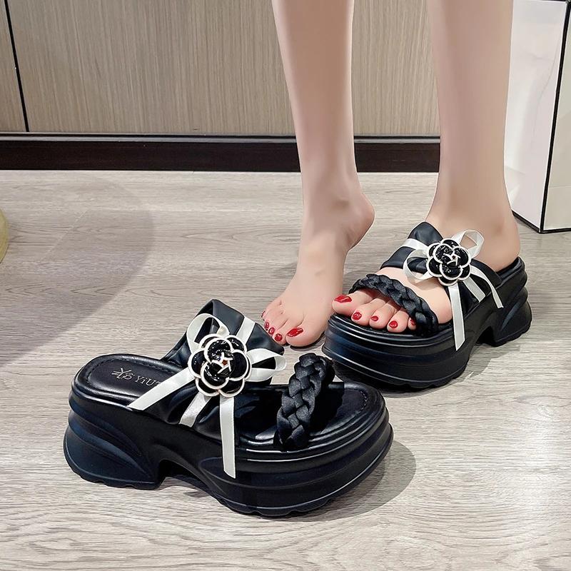 9CM Heels Chunky Slippers For Women Open Toe High Platform Weaving Flower Sandals Woman New Summer Thick Bottom Beach Flip Flops